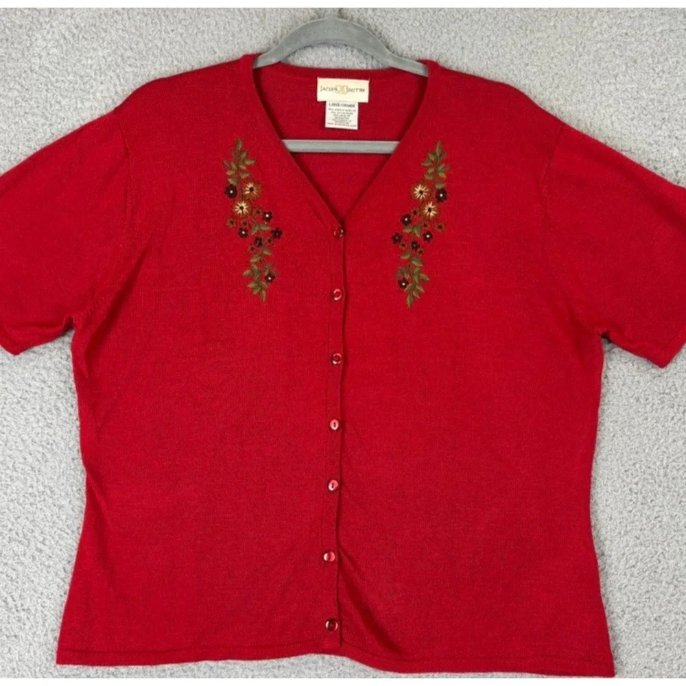 Vtg Embroidered Cardigan Sweater Lg Red Boho Cottage Country Grandma Lightweight